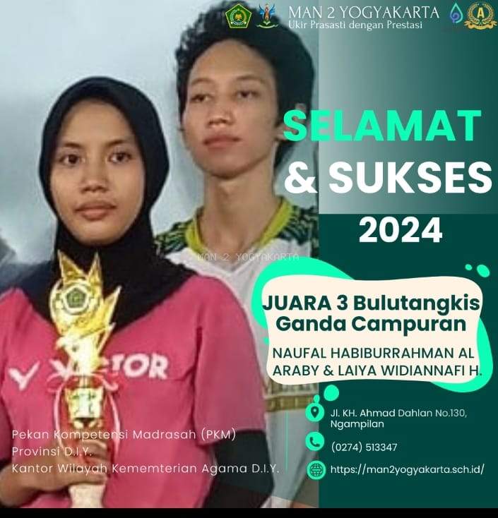 MAN 2 Yogyakarta Juara 1 Ganda Campuran Bulu Tangkis Pekan Kompetisi Madrasah DIY Tahun 2024