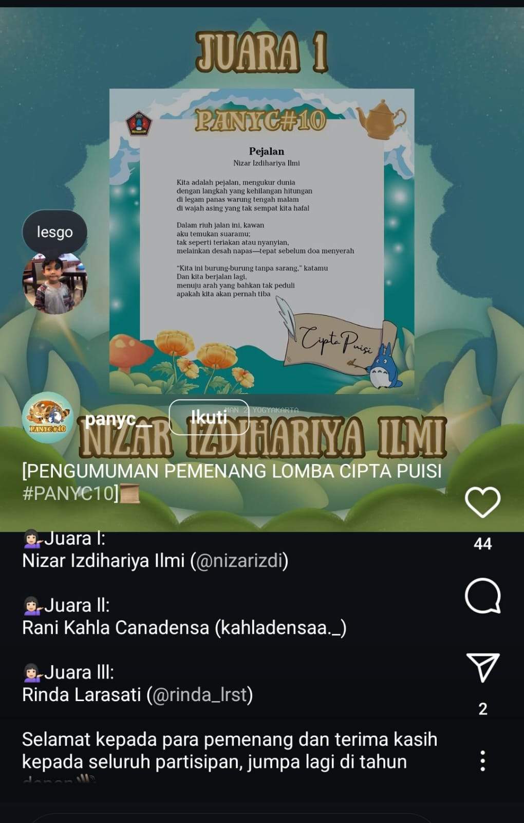 Nizar Izdihariya Ilmi Siswa MAN 2 Yogyakarta Raih Juara 1 di Lomba Cipta Puisi #PANYC10