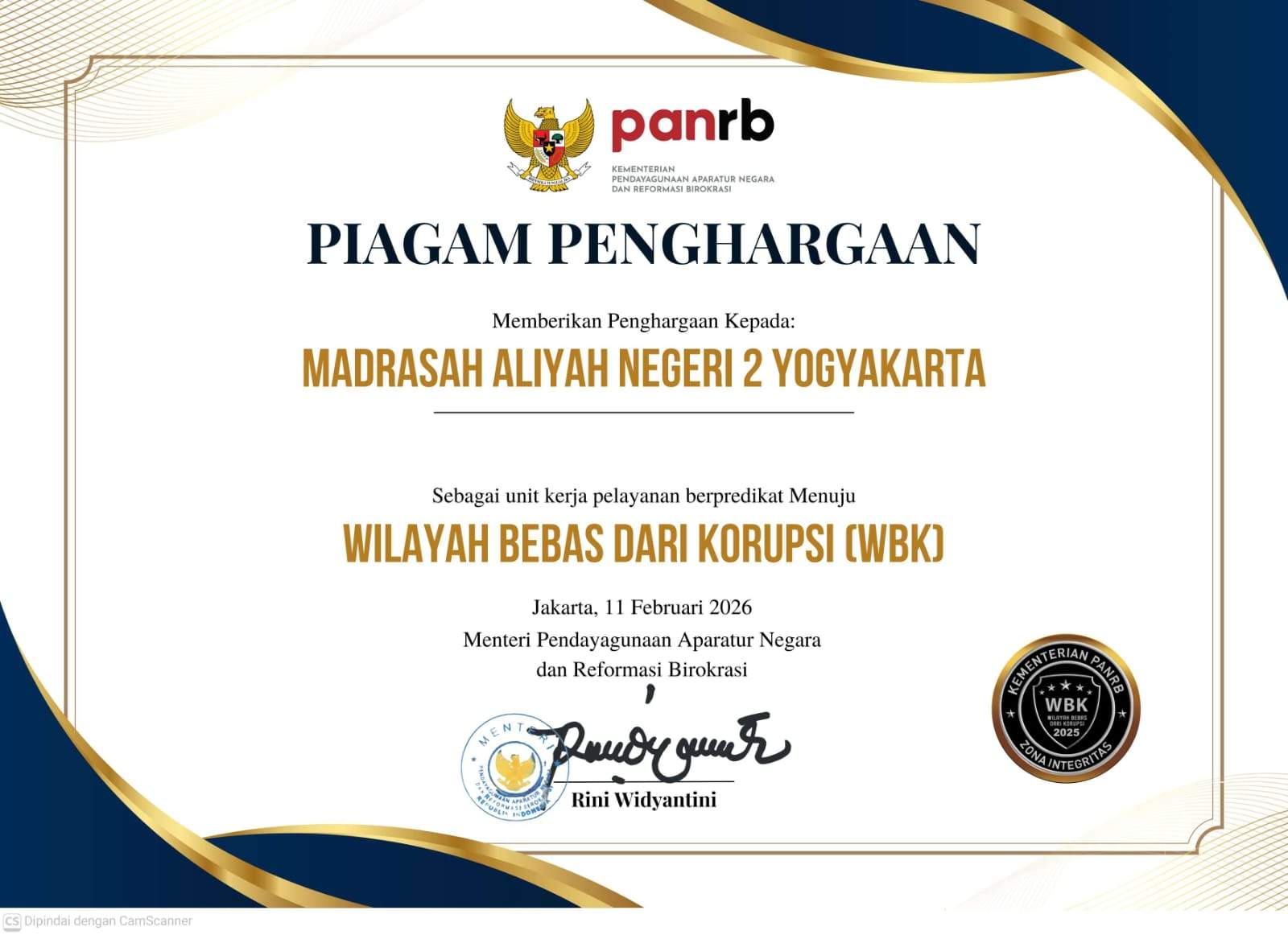 WBK Status Conferred by the Minister of Administrative and Bureaucratic Reform: MAN 2 Yogyakarta Advances Toward WBBM
