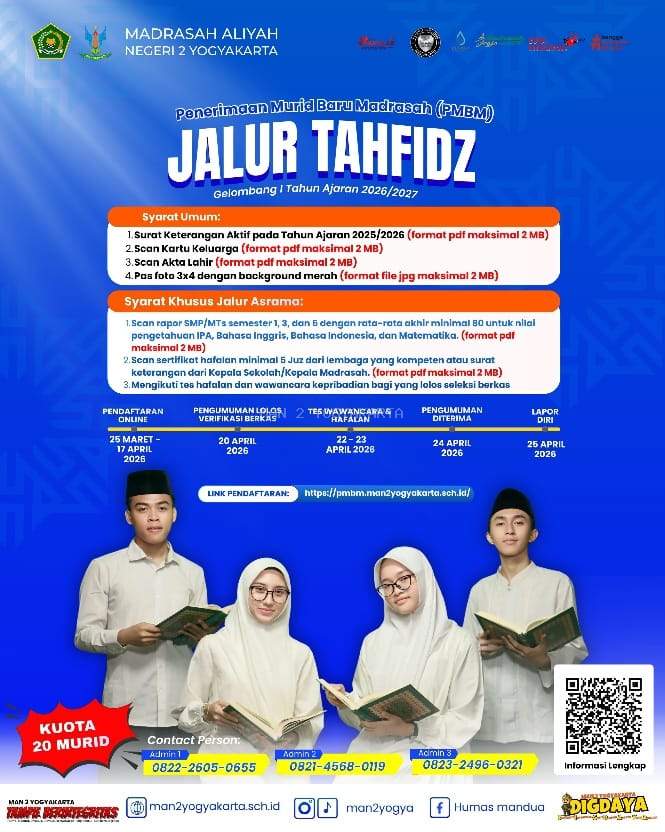 Jalur Tahfidz Jadi Unggulan, PMBM MAN 2 Yogyakarta 2026 Resmi Dimulai 25 Maret