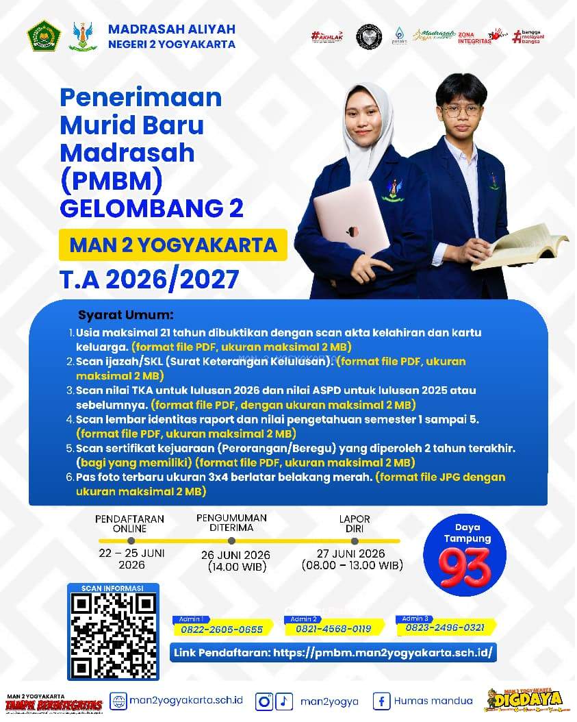Kuota Tinggal 93 Kursi, PMBM Jalur Reguler MAN 2 Yogyakarta Segera Dibuka